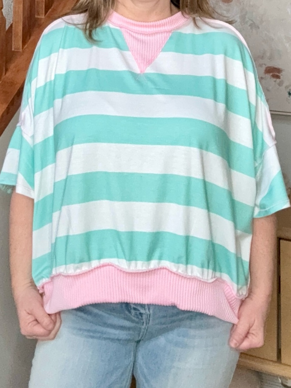 Haptics Brand New Striped Mint & White Oversized Top with Pink Trim